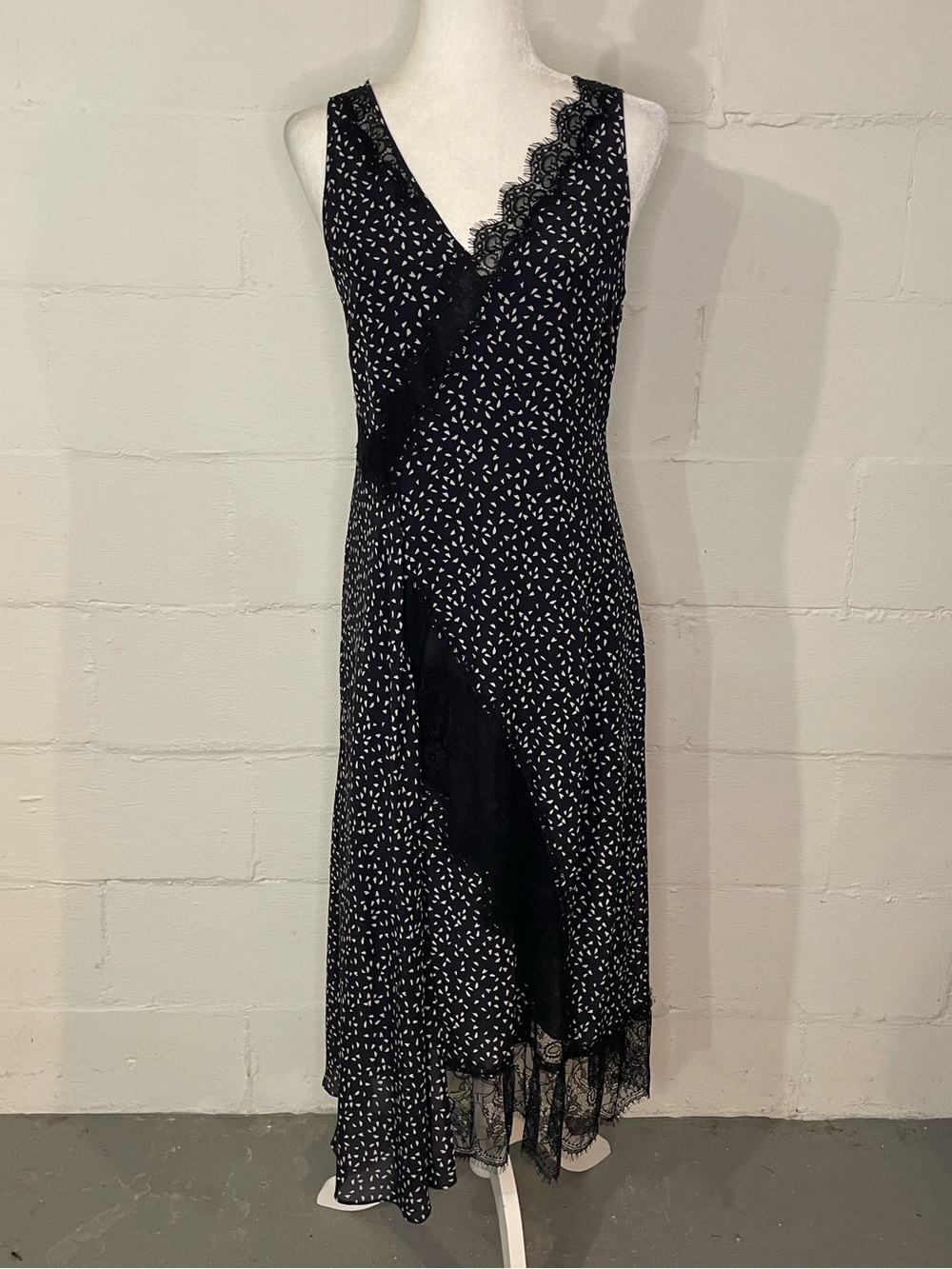 Lewit Silk Black Midi Dress with White Dot Print and Lace Trim